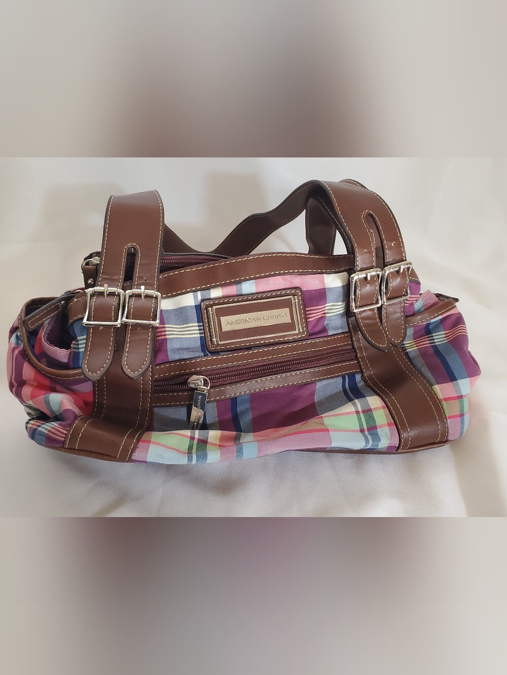 American Living Brown Leather-Trim Plaid Satchel - Women Bags